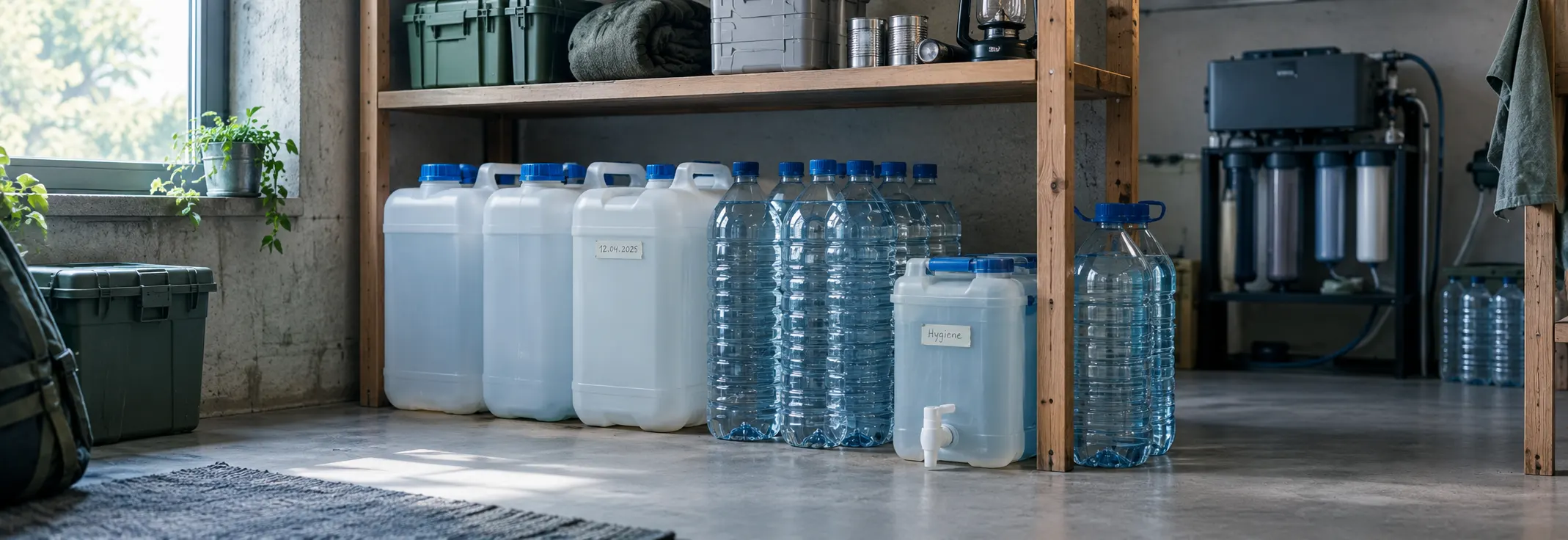verschiedene Wasserkanister in einem Vorratsraum
