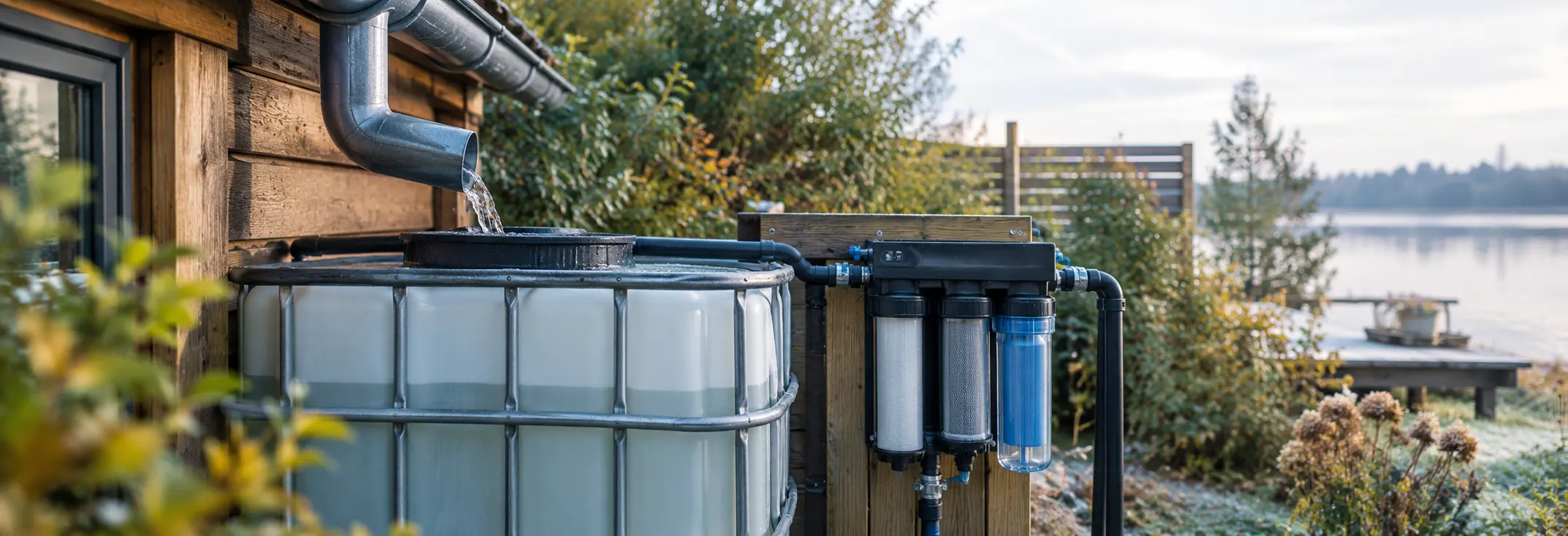 Regentonne an einem, Wochenendhaus mit Sedimentfilter