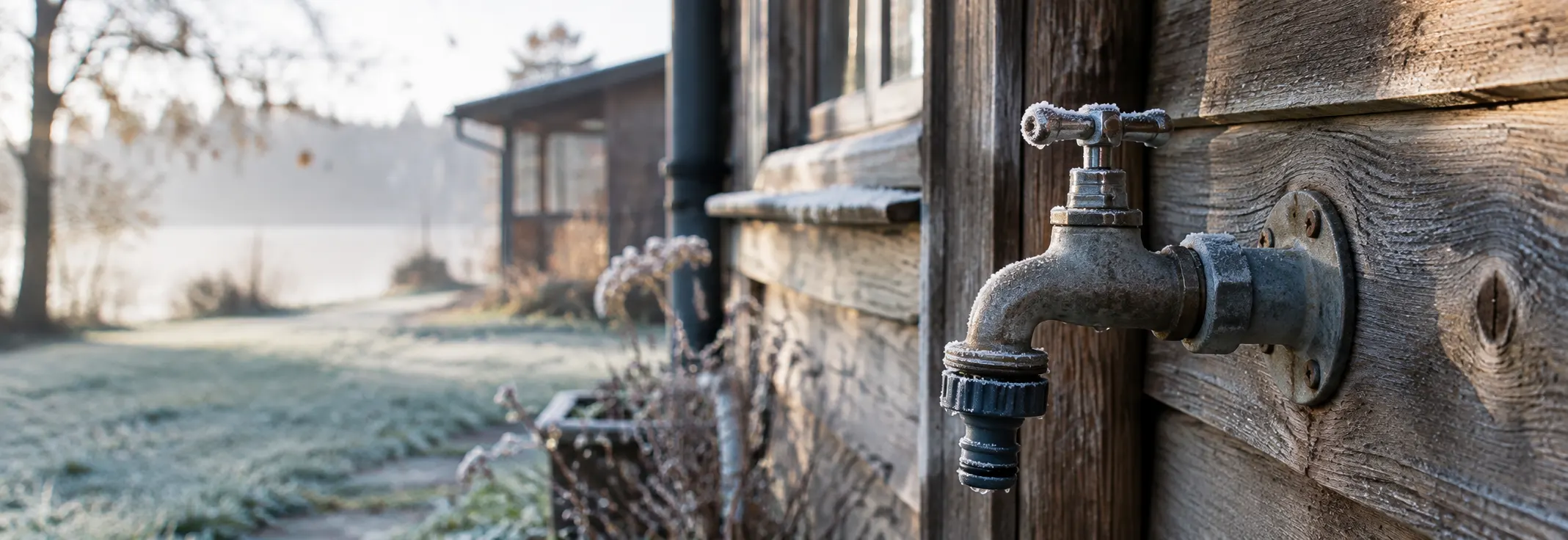 Messingwasserhan an einer Holzhütte im Winter