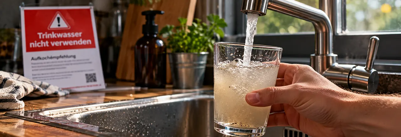 trübes Wasser wird aus einem Wasserhahn in ein Glas gefüllt