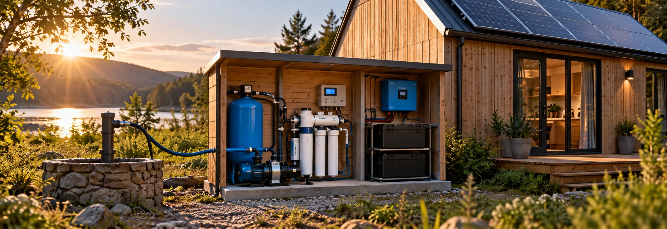 Holzhütte am See mit Wasserfiltersystem